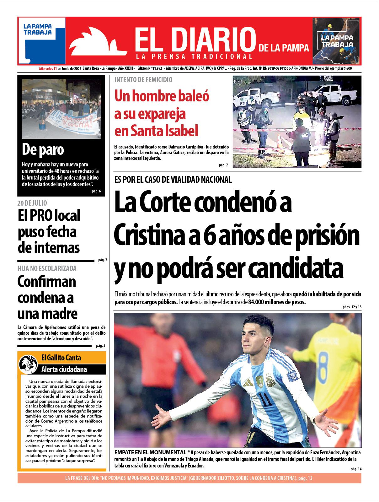 Tapa de El Diario en papel  mieacutercoles 11 de junio de 2025